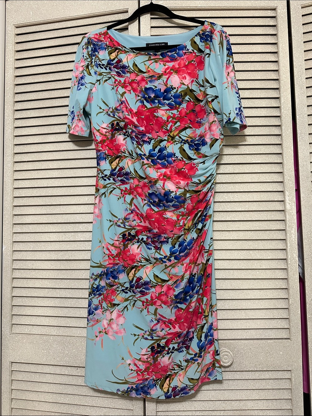 Jones New York Light Blue Floral Ruched Midi Dress